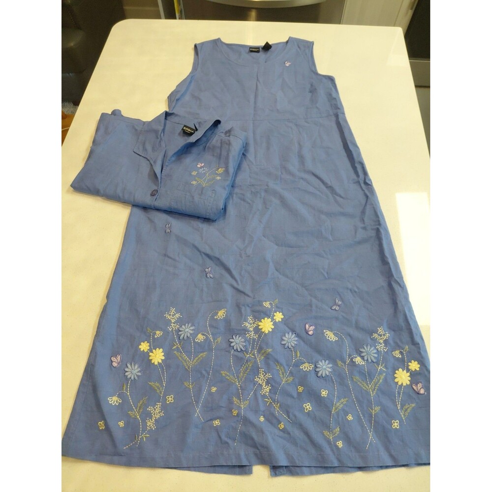 Erika Linen Blend Maxi Dress & Top Embroidered XL Florwers Butterflies Modest